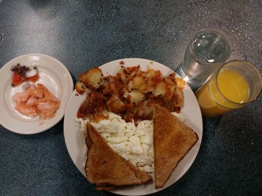 Smoked Salmon, Egg whites, Home fries, and wheat toast.