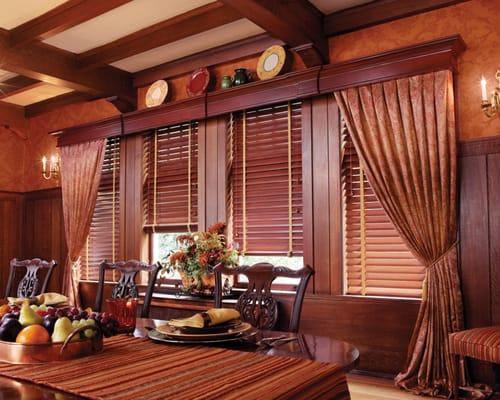 Wood Cornice, Wood Blinds & Drapery by Arjay's Window Fashions