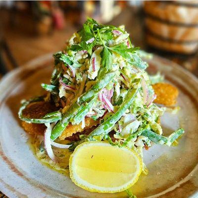 Crispy Fluke with Cabbage and Green Bean Slaw