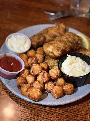 Beer Battered Cod with sweet potatoes tots