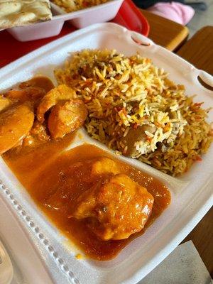 My 2 meat Big Box Combo with Butter Chicken spicy and butter chicken sweet.