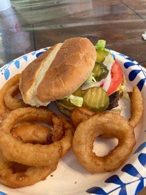 Cheeseburger and onion rings