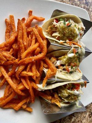 Baja fish tacos with sweet potato fries.