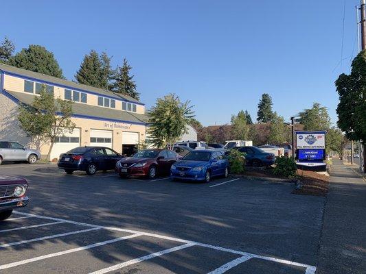 The digital sign, customer parking, and 2nd garage building.