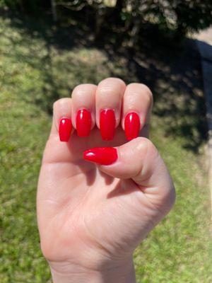 coffin shape red nails