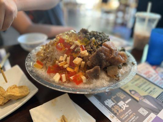 Shaved ice desert with rainbow jelly, taro, mungbean