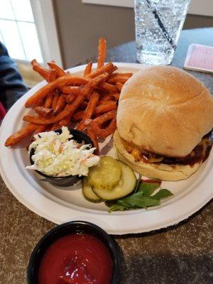 Burger with sweet potato fries.