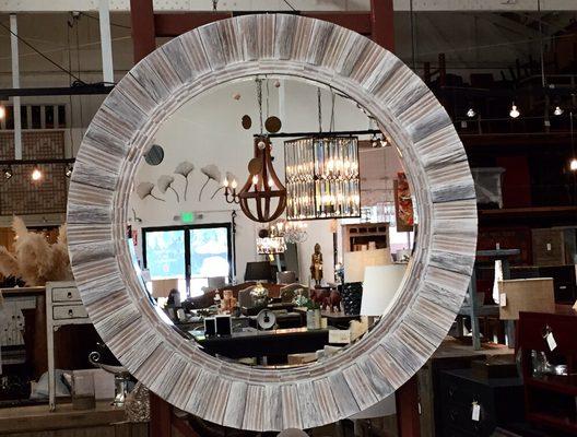 Large reclaimed wood round mirror