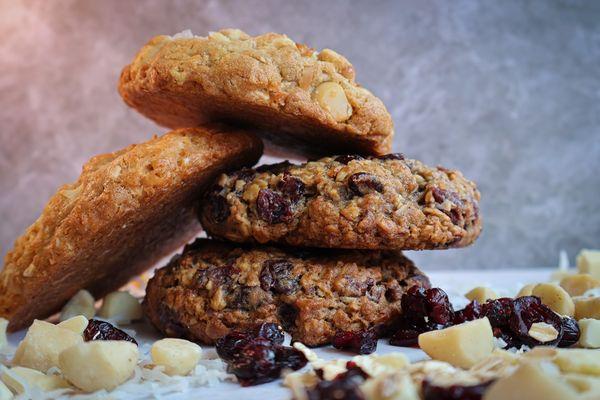 White Chocolate chunk Macadamia Nut with Coconut Cookies and Old-Fashioned Oatmeal Cranberry Cookies