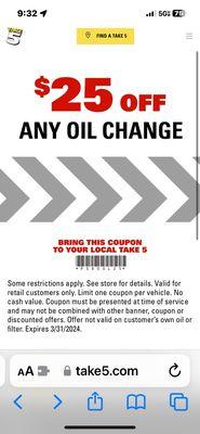 Coupon for oil change