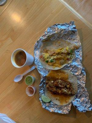 Spent $4 and got, Migas taco, chorizo and egg taco, complimentary caldo, and salsas