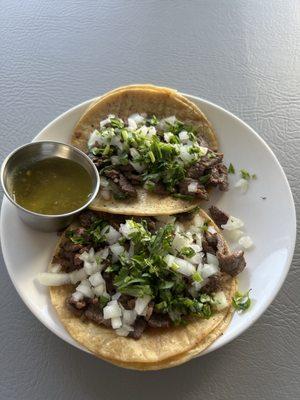 Steak Tacos, with homemade green salsa! Happy Taco Tuesday!!