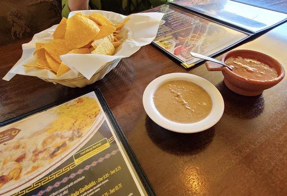 Chips, salsa, bean dip