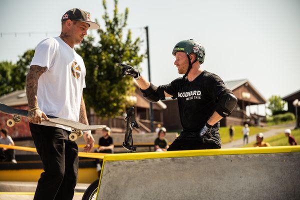 Skate program designer, Ryan Sheckler and BMX program advisor, Ryan Nyquist fist bumping in the all-new Town Centre Park.