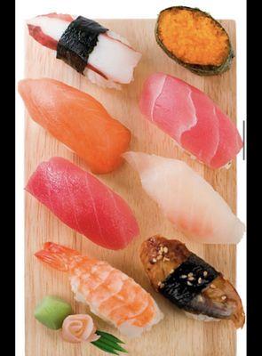 Masgo sushi, eel sushi , shrimp sushi , tuna sushi . Salmon sushi mix for