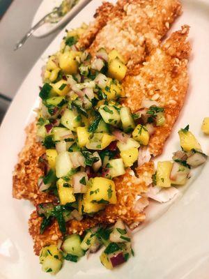 Hazelnut crusted flounder with mango salsa