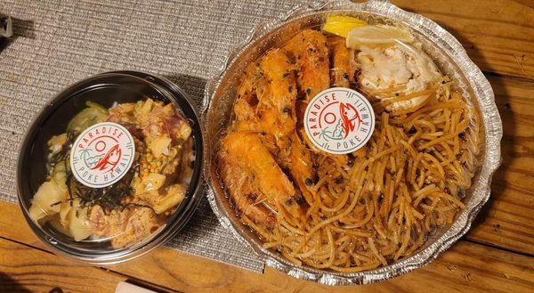 Spicy ahi bowl (1 choice) & garlic shrimp with garlic noodles and Mac salad