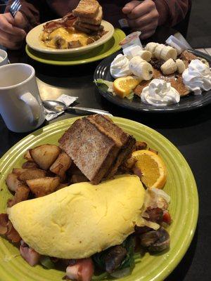 Veggie omelette, banana chocolate chip pancakes, egg skillet