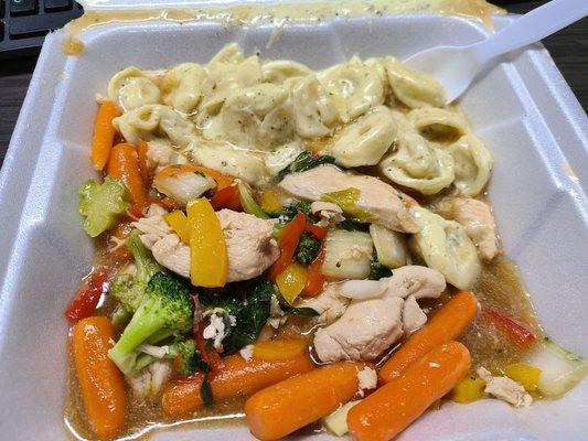 1/2 chicken broccoli stir fry 1/2 basil cream tortellini. Tasty but more carrot than broccoli.