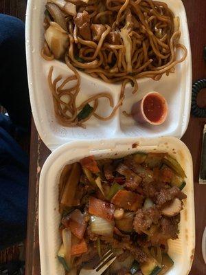 Chicken chow mein and schezuan beef