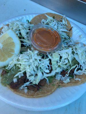 Tacos: asada, carnitas, adobado, cabeza, trips, chicken, pork