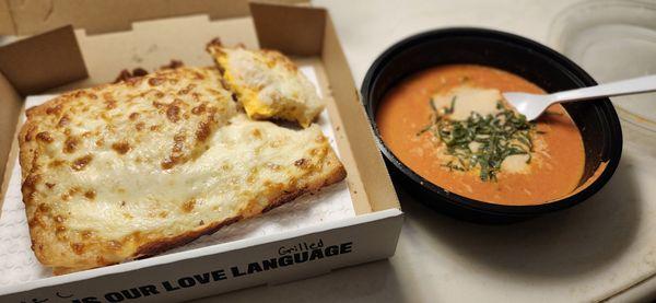 Grilled cheese pizza and their tomato soup