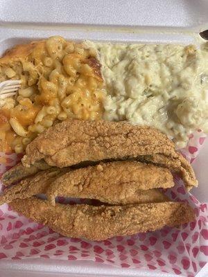 Fried Fish, Potato Salad, and Macaroni and Cheese