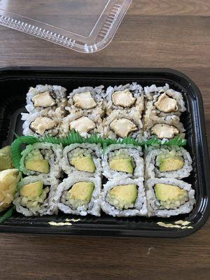 On the top, tofu roll. On the bottom, avocado cucumber roll.