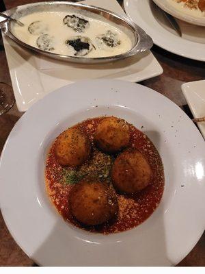 Arancini and Gorganzola Spinach Stuffed Mushrooms in a Gorganzola Cream Sauce