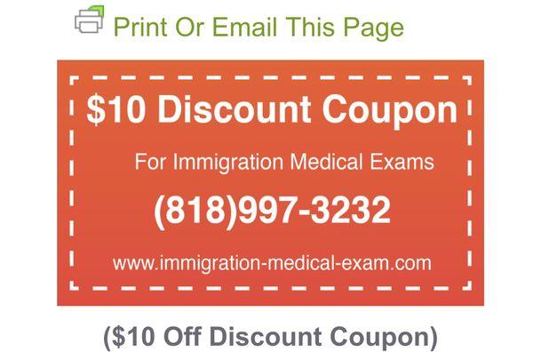 $10 discount coupon off immigration medical exams for civil surgeon Doctor i693 USCIS physical exam in Los Angeles