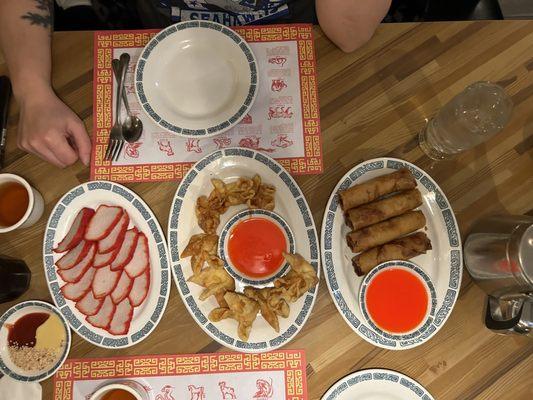 BBQ pop, crab puffs, egg rolls