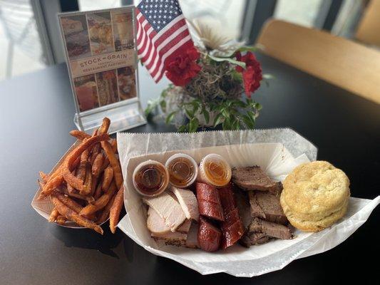 The Big Gull Sampler Plater with a side of Sweet Potato Fires