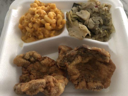 Fried Pork Chop, Mac and Cheese, and Cabbage