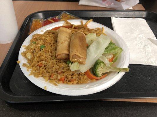 Fried rice, noodles, mixed veggies, veggie egg rolls.