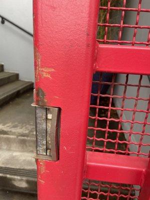 The safety bar is bent from attempts to force it open. When reported to the manager and security patrol they did nothing.