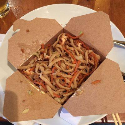 soggy bland noodles with fast-food-like chicken...given to you in a fast-food-delivery box.