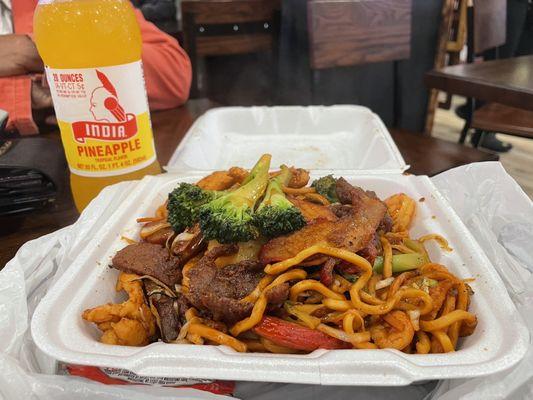 Lo mein with chicken, beef, shrimp, and pork