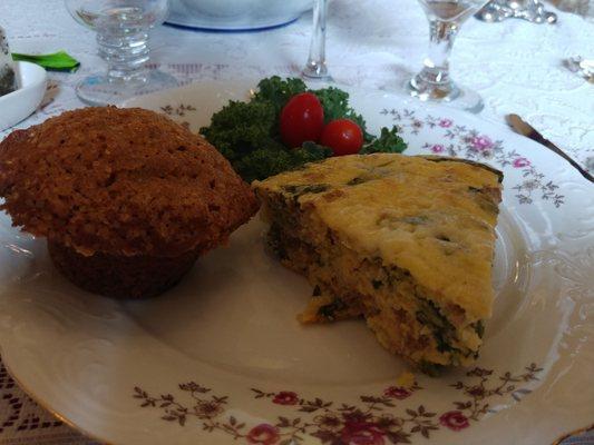 Sausage, spinach and polenta quiche with a pumpkin muffin. Not pictured- yogurt with apples and granola and choice of fruit