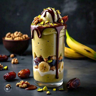 Majoon: Mix of banana, milk, chocolate sauce, vanilla ice cream, pistachio, dates, walnut topped with crunched coconuts