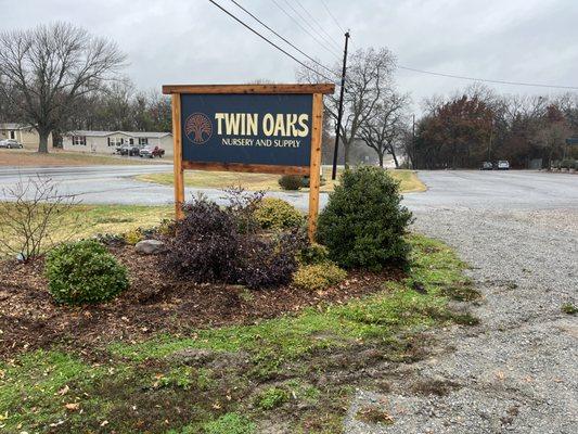 Twin Oaks Nusery sign out front of newly renovated nursery by new owners.