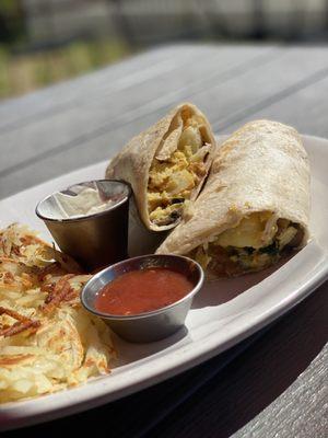 Veggie Breakfast Burrito (meat substituted with spinach and mushroom) side of hashbrown (instead of fruit cup)