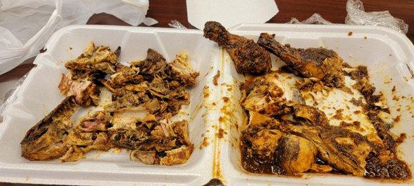 Bones on the left side, meat on the right. Mixed jerk chicken.