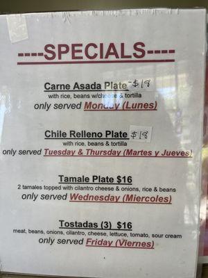 Menu for specials