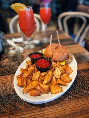 Breakfast sandwich with mimosas