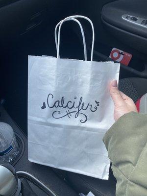 Paper bag with my pet's name drawn onto it!