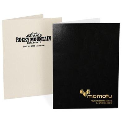 Low-minimum custom presentation folders with foil stamped imprint on the front cover. 50-piece minimum.