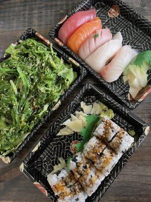 Seaweed salad, eel roll, and I ordered a sashimi appetizer but was given the sushi appetizer. Def double check your Togo order!