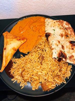 Lamb Biryani, Samosa, Butter Chicken