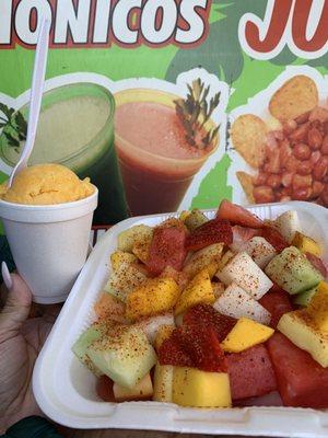 Large Fruit Salad and a scoop of mango ice cream