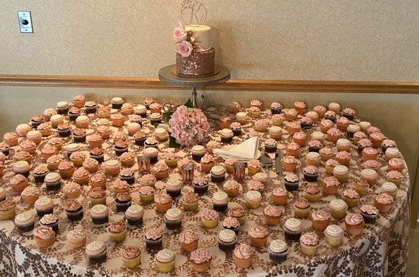 Classy rose gold wedding cupcakes in chocolate, white, and strawberry!